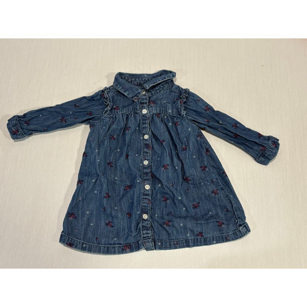 Baby Gap girls denim floral long shirt size 18-24 months ruffle shoulder